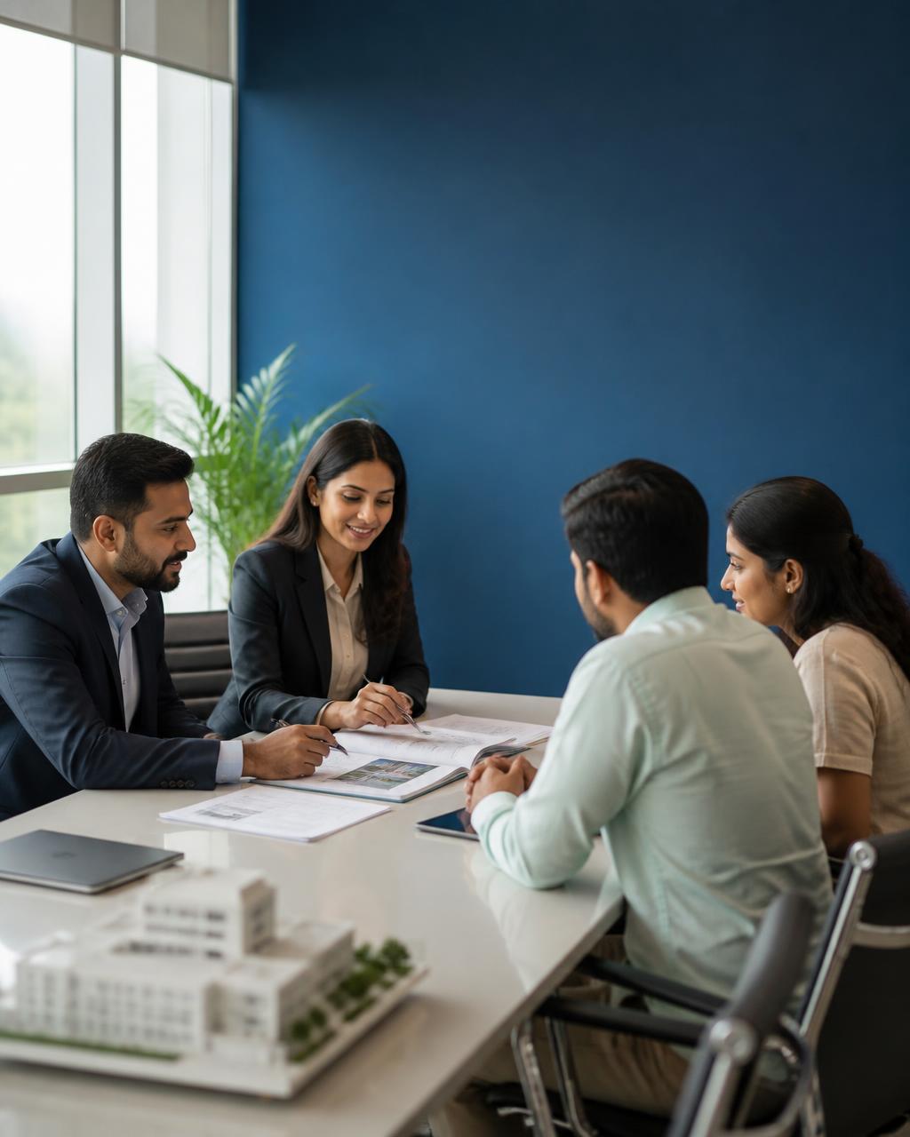 MultiCore consultants reviewing property documents with a client family at their Bengaluru office